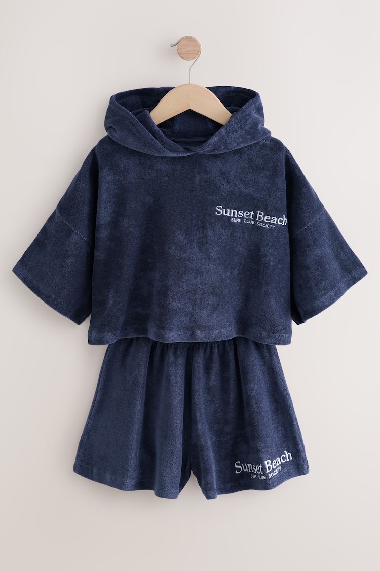 Navy Blue Slogan Towelling Beach Co-Ord Hoodie And Shorts Set (3-16yrs) - Image 1 of 1