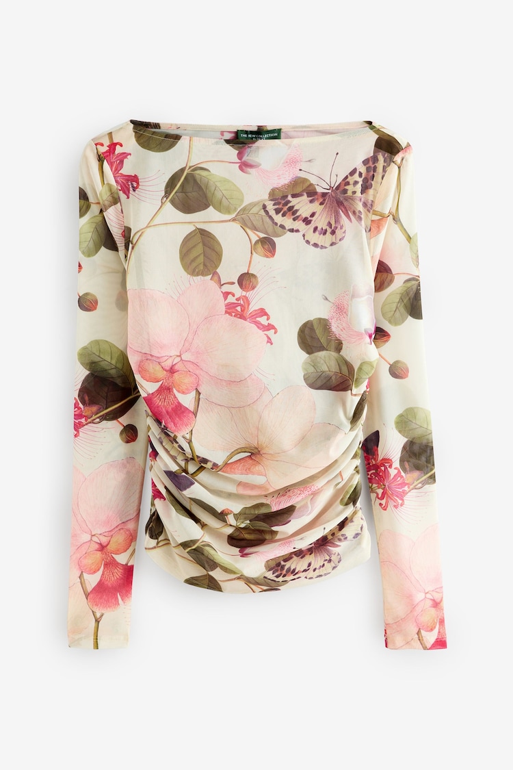 Ecru/Green Floral Long Sleeve Ruched Side Mesh Top - Image 1 of 1