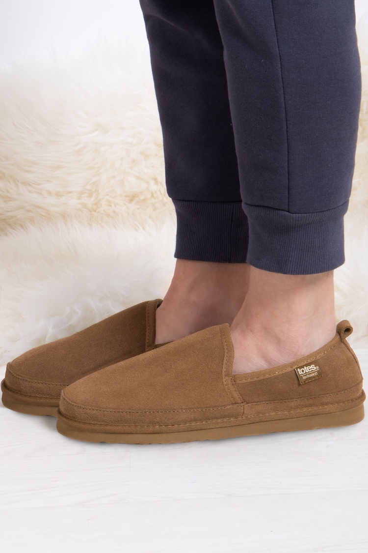 Totes Brown Mens Isotoner Real Suede Full Back Slippers - Image 1 of 1