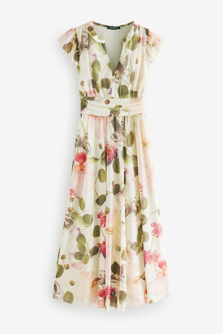 Cream Tropical Pleated Mesh Print V-Neck Occasion Midi Dress - Image 1 of 1