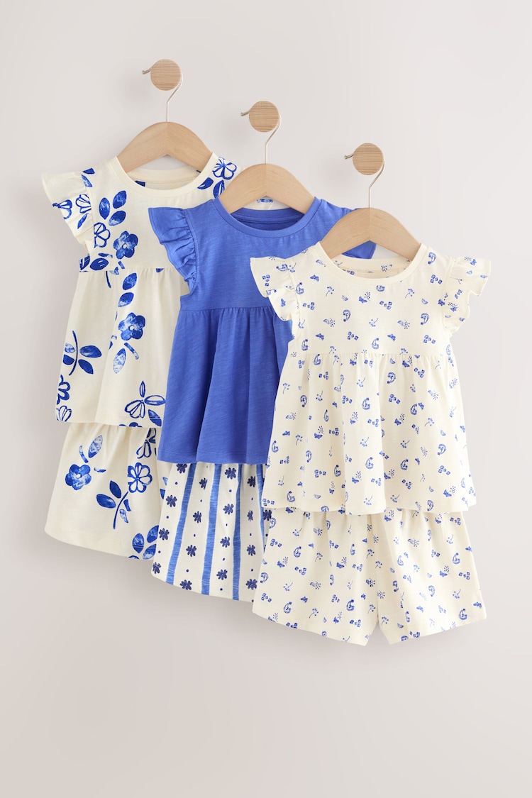 Blau - Rüschen-Pyjamas mit floralem Print aus 100 % Baumwolle, 3er-Pack (9 Monate bis 8 Jahre) - Bild 1 von 1