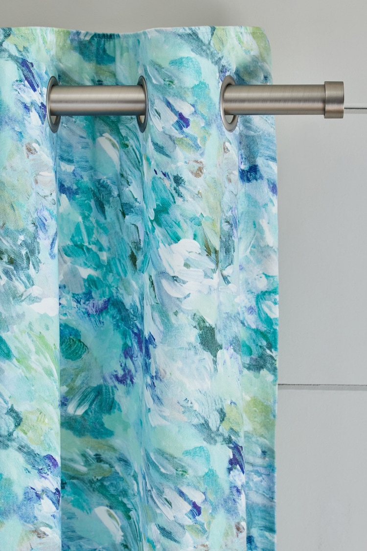 Green/Blue Blurred Abstract Printed Velvet Eyelet Lined Curtains - Image 1 of 1