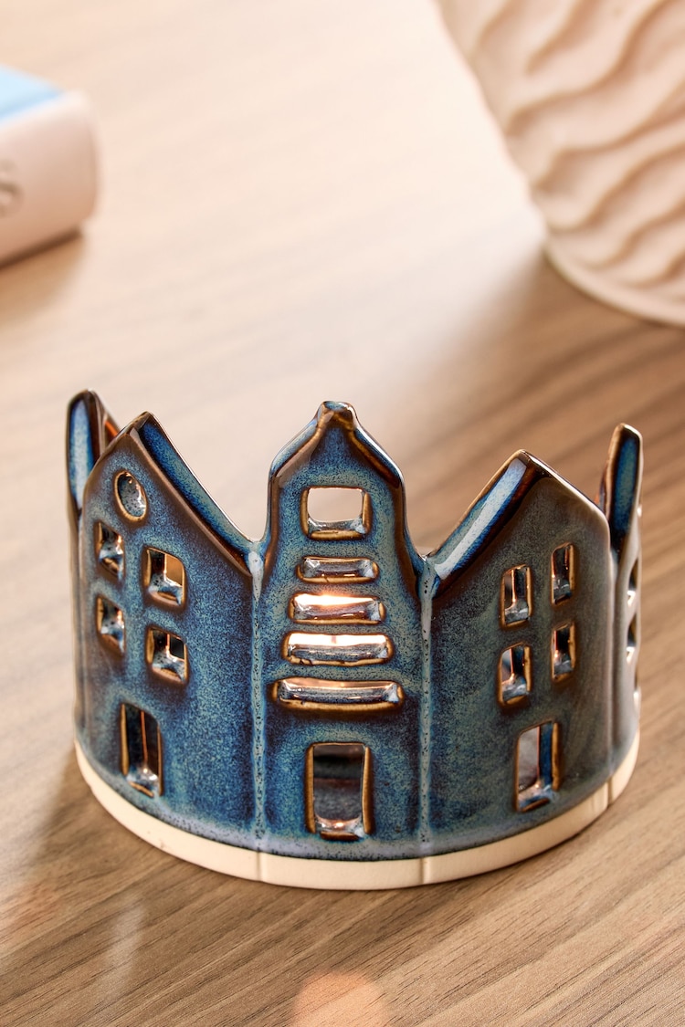 Blue Ceramic House Scene Tea Light Holder - Image 1 of 1