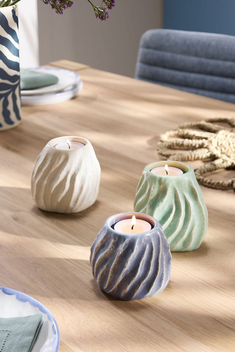 Set of 3 Blue/White/Green Ceramic Tea Light Holders - Image 1 of 1