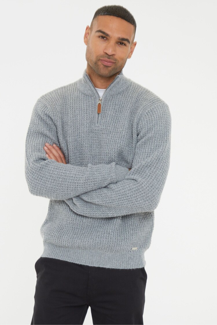 Threadbare Grey Waffle Knit Quarter Zip Jumper - Image 1 of 1