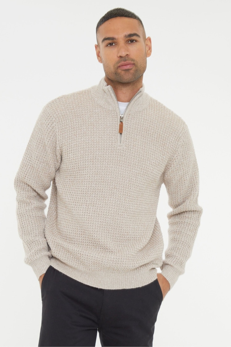 Threadbare Brown Waffle Knit Quarter Zip Jumper - Image 1 of 1