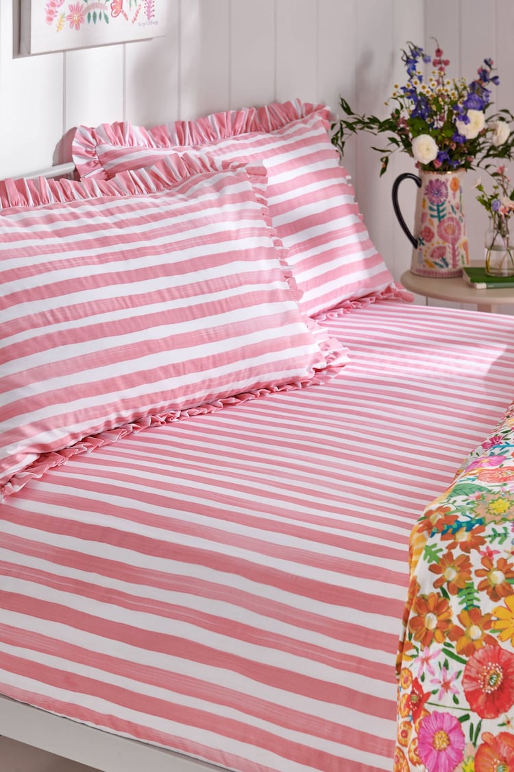 Lucy Tiffney Pink Painted Stripe 180 Thread Count Fitted Sheet - Image 1 of 1
