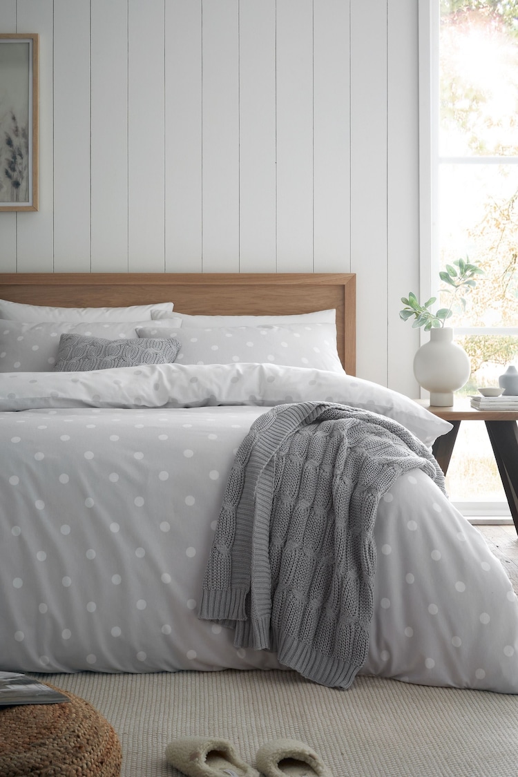 Catherine Lansfield Silver Grey Brushed 100% Cotton Polka Dot Duvet Cover Set - Image 1 of 1