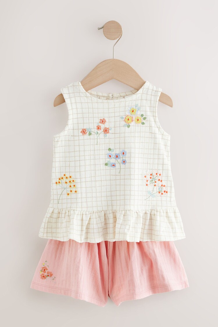 White/Pink Embroidered Flowers Peplum 100% Cotton Vest and Shorts Set (3mths-7yrs) - Image 1 of 1