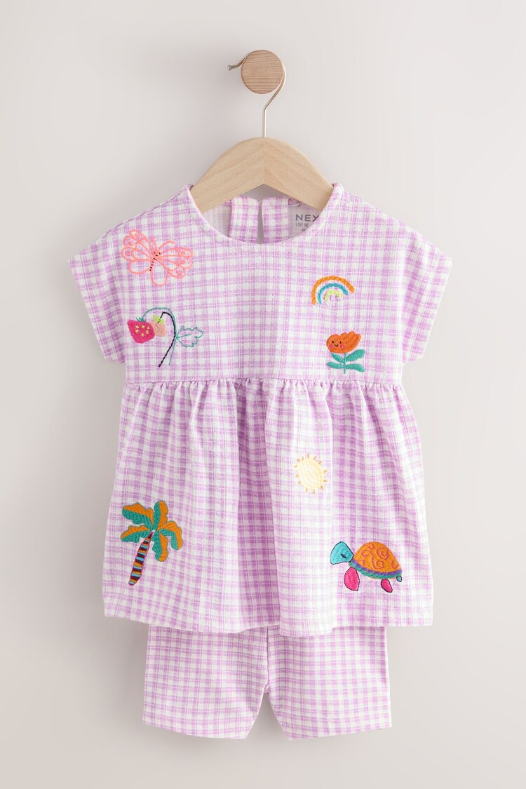 Lilac Gingham Holiday Embroidery Short Sleeve Peplum Top and Cycle Shorts Set (3mths-7yrs) - Image 1 of 1
