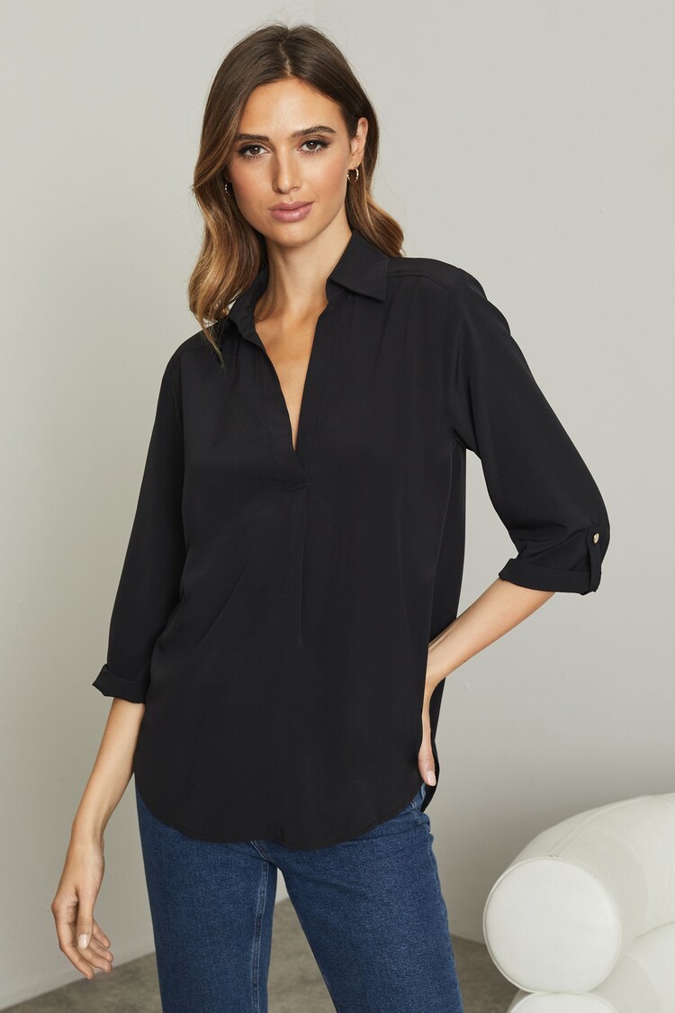 Lipsy Black V-Neck 3/4 Sleeve Collared Blouse - Image 1 of 1