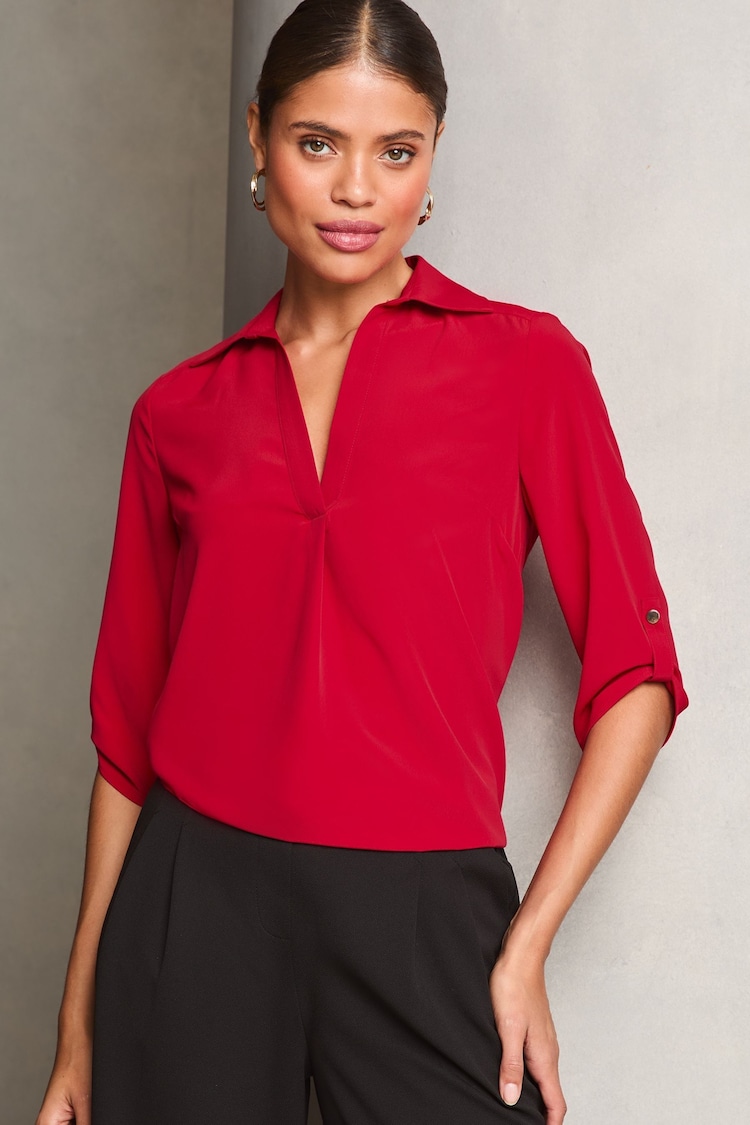 Lipsy Red V-Neck 3/4 Sleeve Collared Blouse - Image 1 of 1
