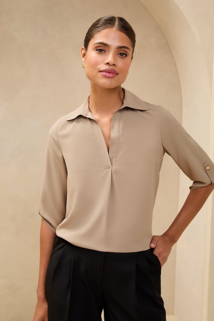 Lipsy Beige V-Neck 3/4 Sleeve Collared Blouse - Image 1 of 1 Lipsy Beige V-Neck 3/4 Sleeve Collared Blouse - Image 1 of 1