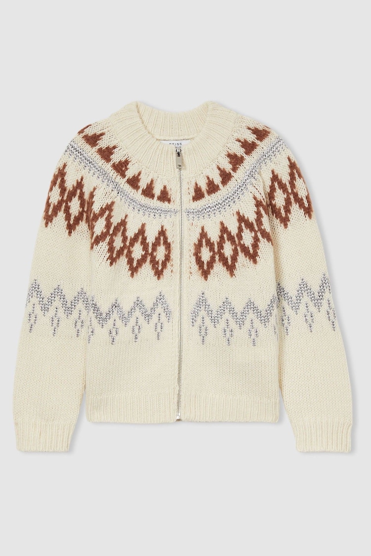 Reiss Cream Ella 13-14 yrs Zipped Fairisle Pattern Cardigan with Wool and Cashmere - Image 1 of 1