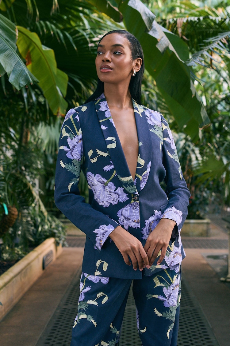 Azul marino floral - Kew Gardens Single Breasted Tailored Blazer with Linen - Imagen 1 de 1