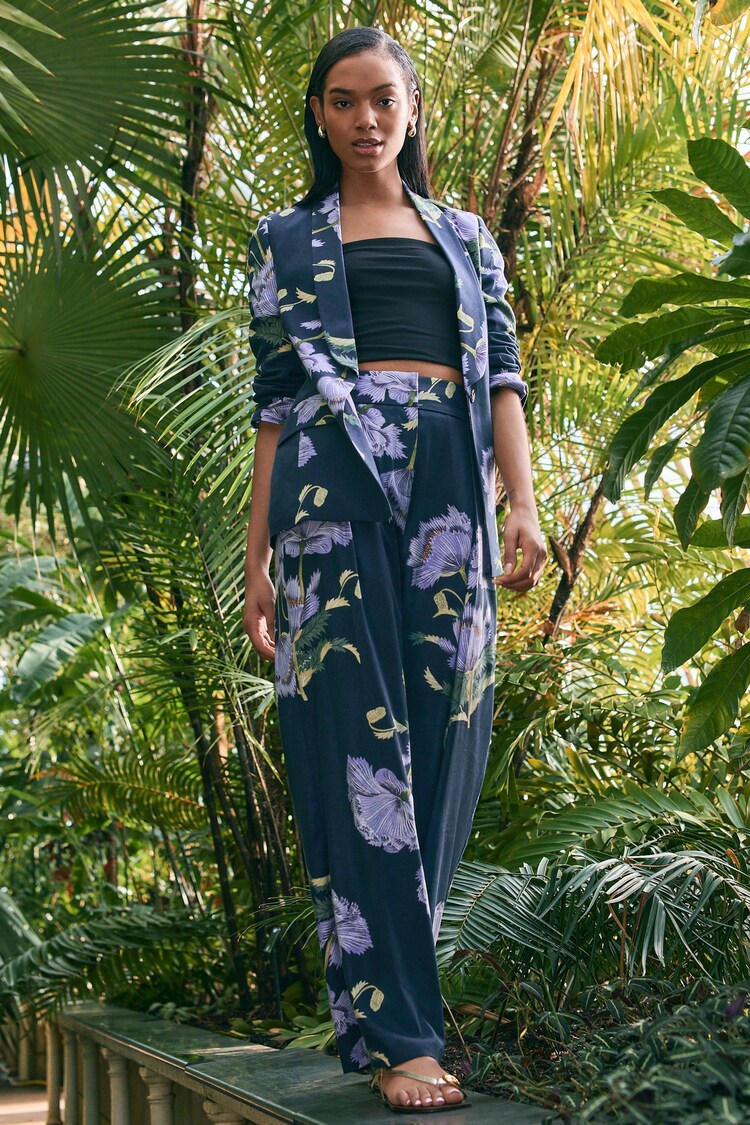 Azul marino floral - Kew Gardens Wide Leg Trousers with Linen - Imagen 1 de 1