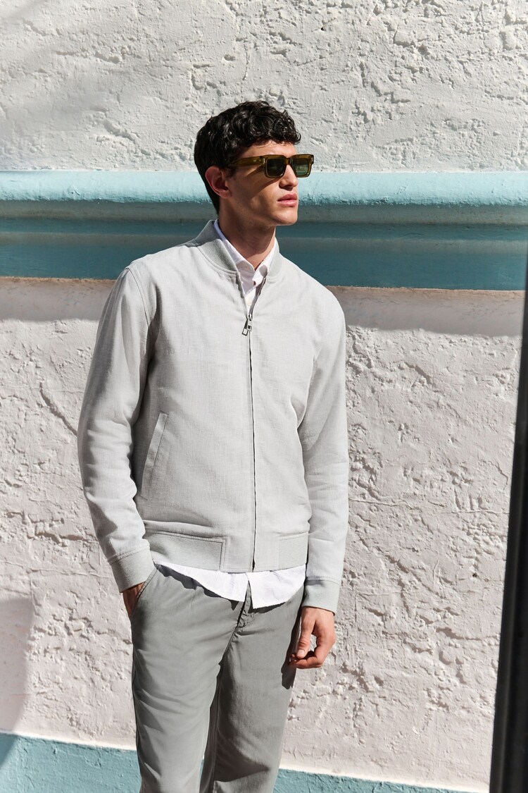 Light Grey Smart Linen Blend Textured Bomber Jacket - Image 1 of 1