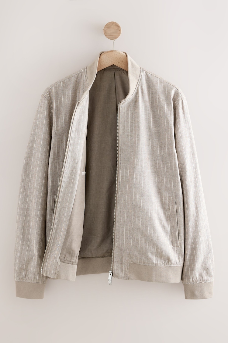 Neutral Smart Cotton Linen Blend Stripe Bomber Jacket - Image 1 of 1