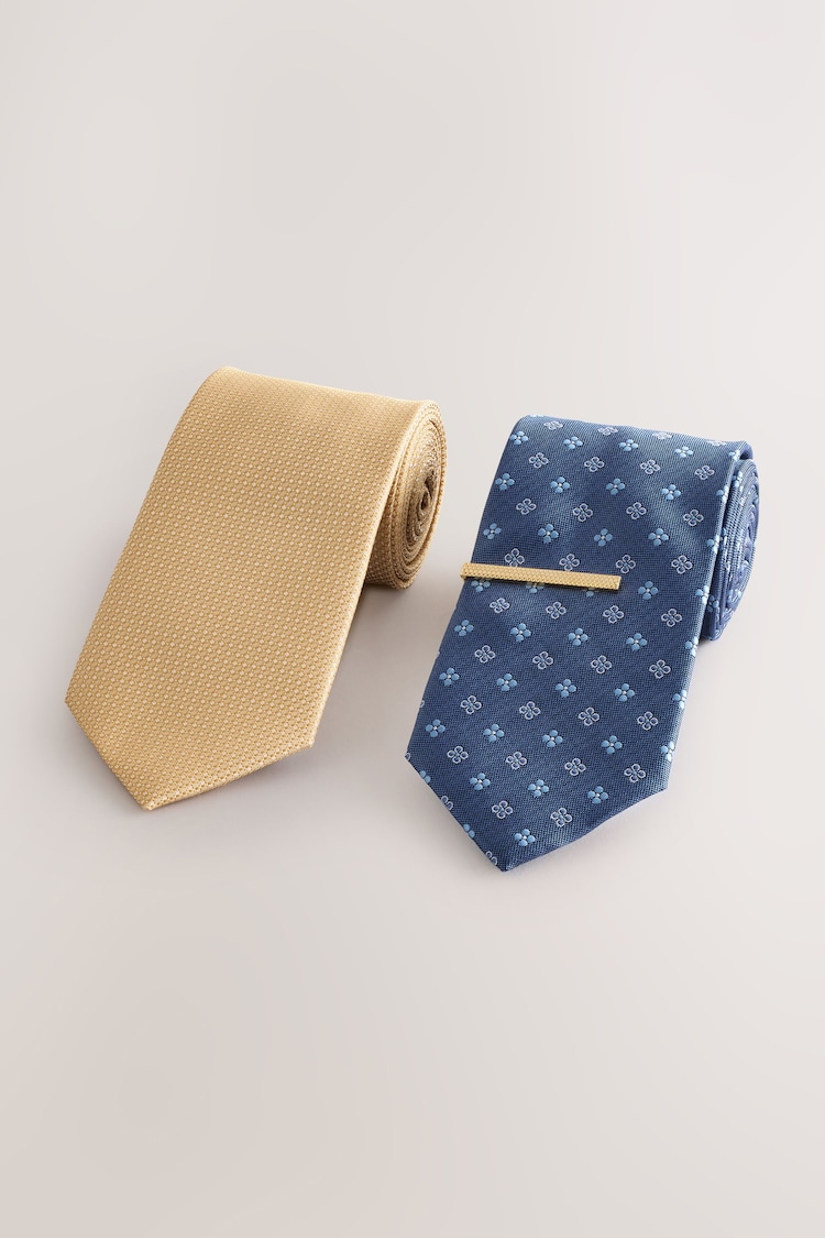 Yellow/Blue Textured Ties And Tie Clips 2 Pack - Image 1 of 1