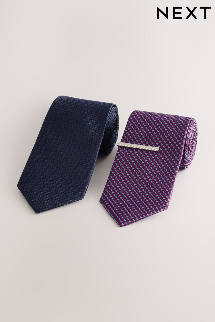 Navy/Red Textured Ties And Tie Clips 2 Pack - Image 1 of 1