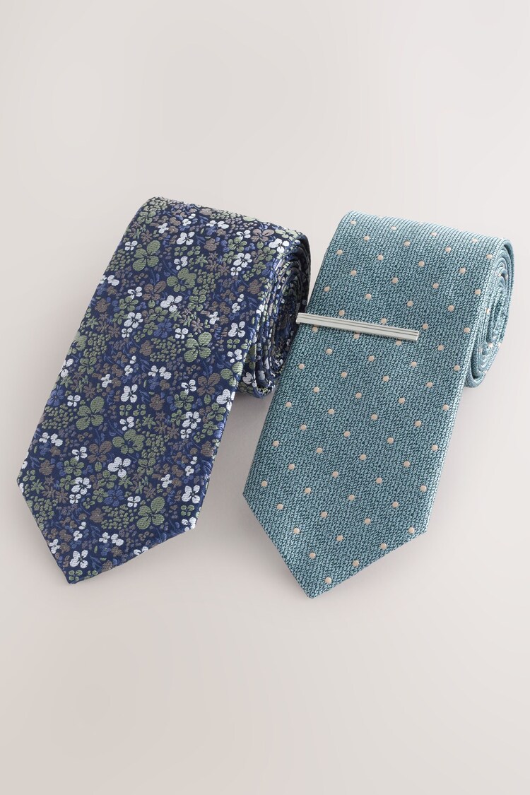 Blue Floral/Polka Dot Design Design Ties And Tie Clips 2 Pack - Image 1 of 1
