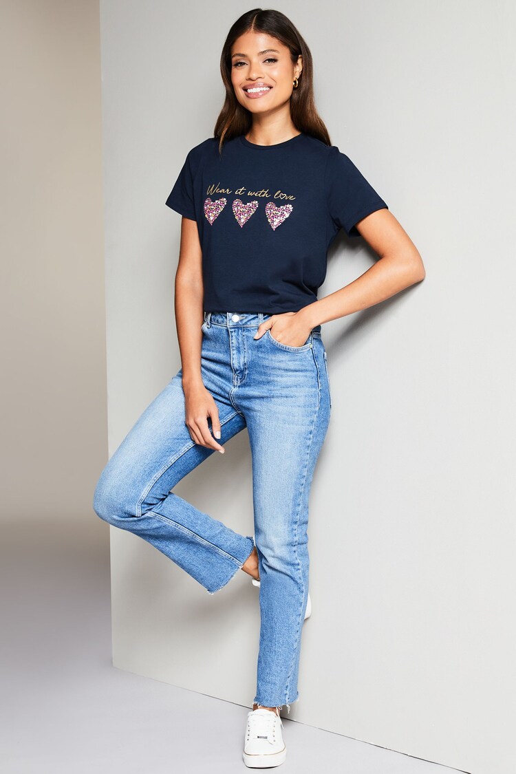Lipsy Navy Blue Heart 100% Cotton Round Neck Wear It With Love T-Shirt - Image 1 of 1