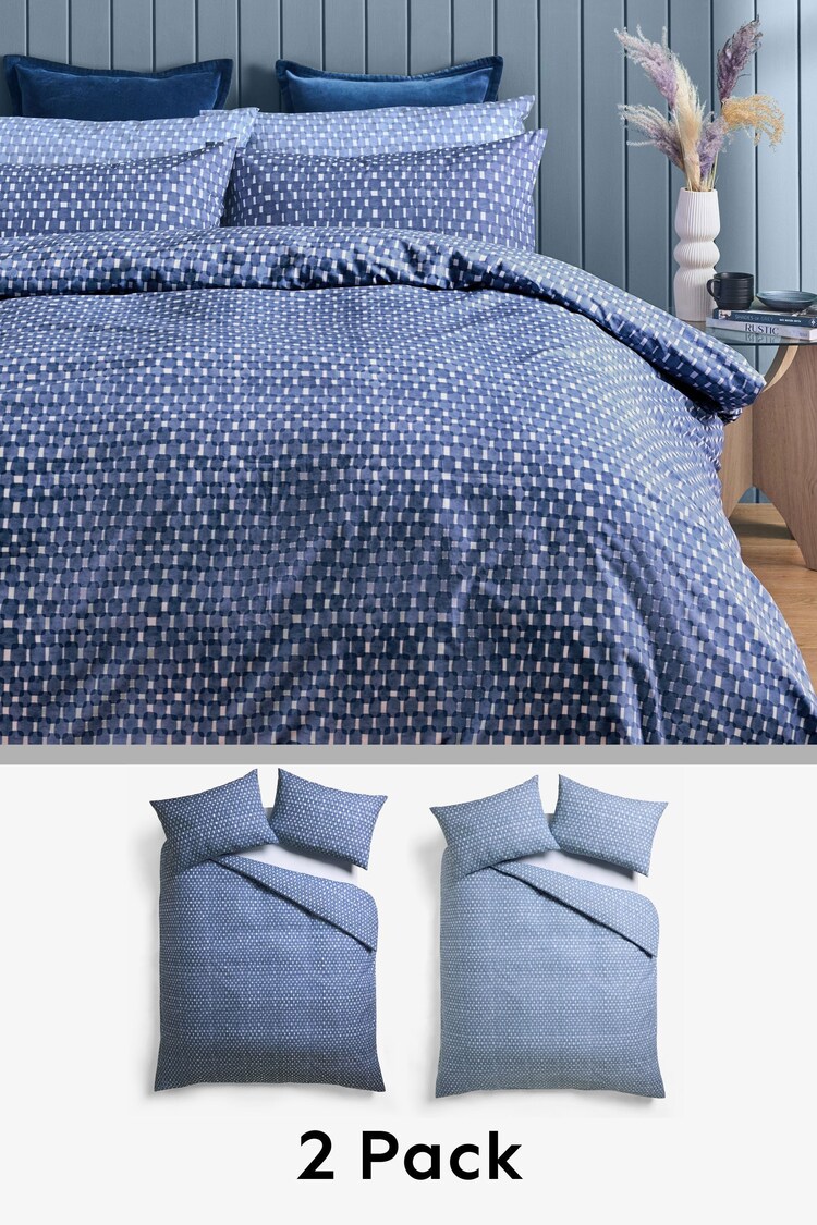 2 Pack Blue/White Reversible Duvet Cover and Pillowcase Set - Image 1 of 1