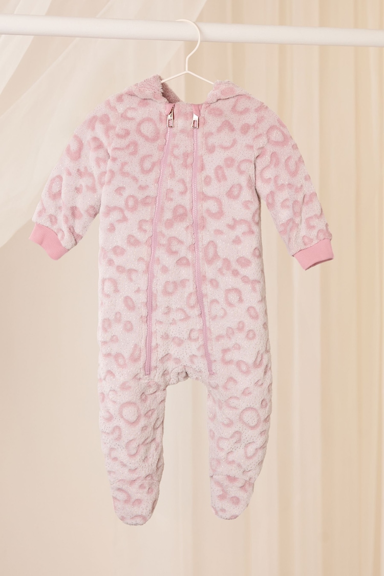 Lipsy Pink Leopard Print Baby Soft Touch Fleece Sleepsuit (0-24mths) - Image 1 of 1