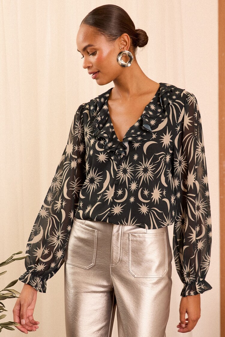 Love & Roses Black Star Ruffle Detail V-Neck Long Sleeve Blouse - Image 1 of 1
