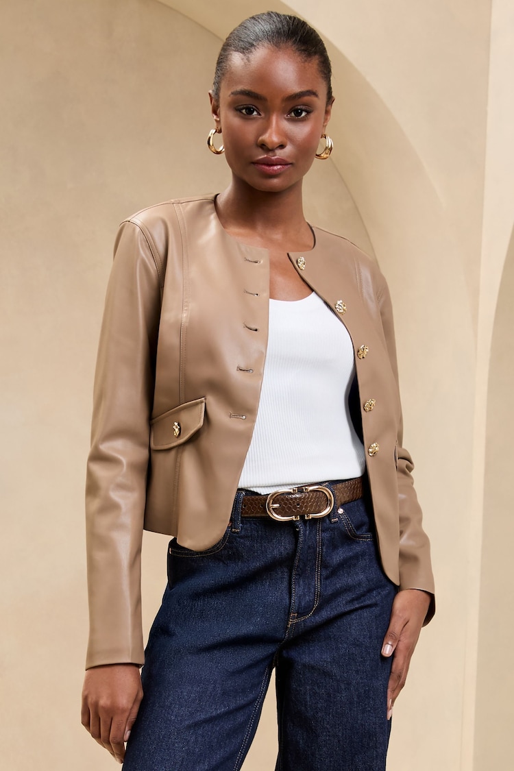 Lipsy Neutral Collarless Jacket With a Touch of Linen - Image 1 of 1