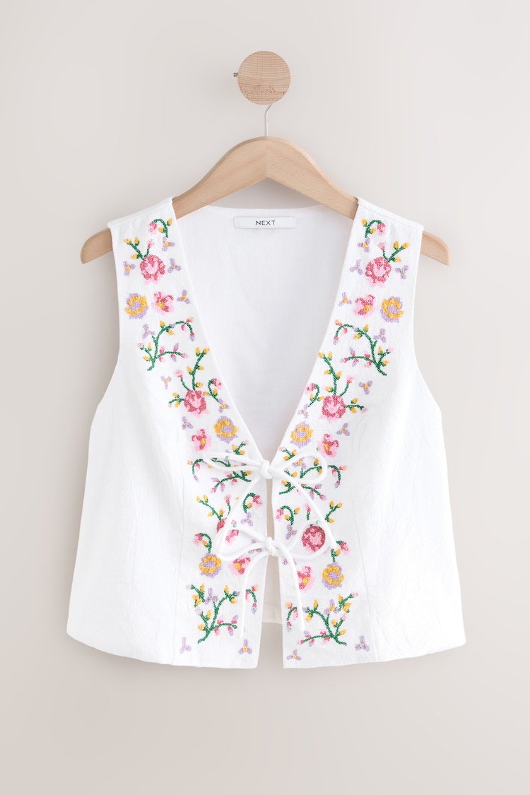 White Floral Embroidered Detail Tie Front Waistcoat - Image 1 of 1