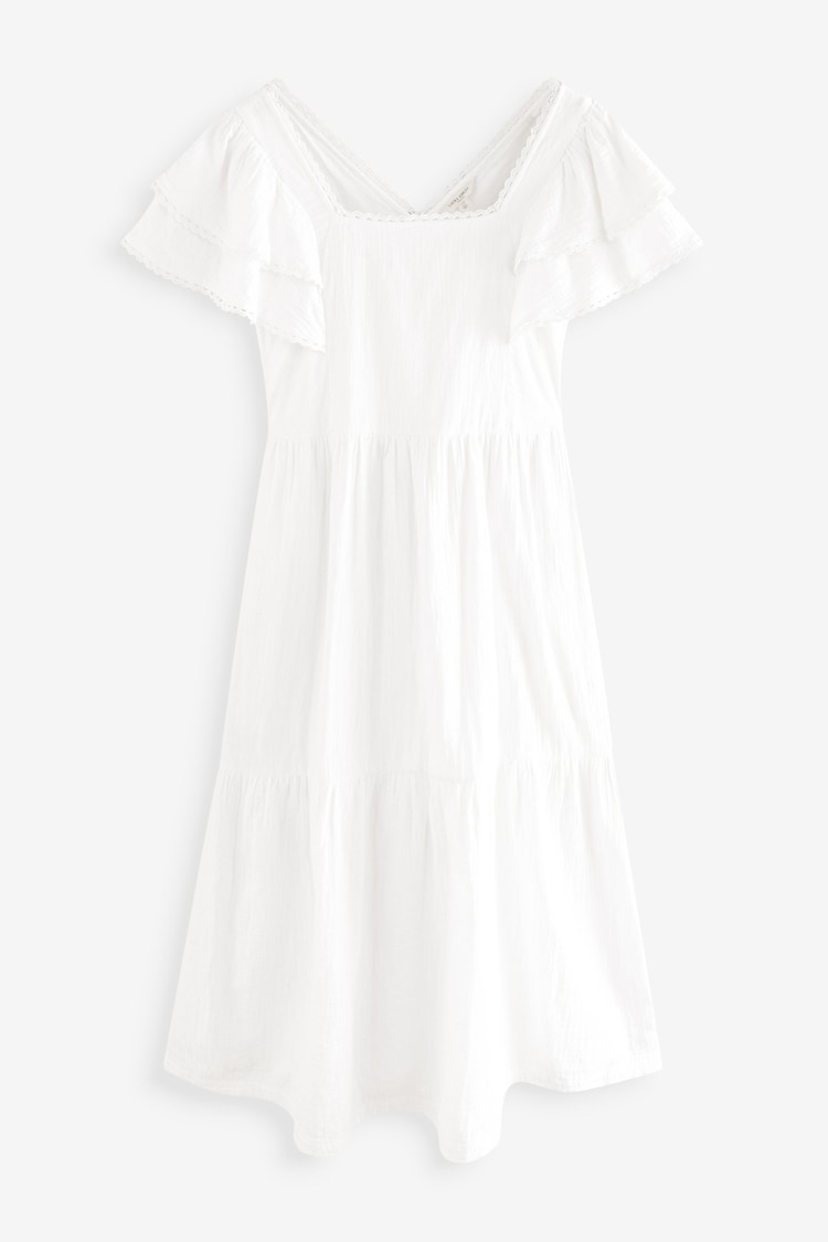 Weiß - Laura Ashley – Kleid mit Rüschenärmeln und Spitzenbesatz aus 100 % Baumwolle - Image 1 of 1