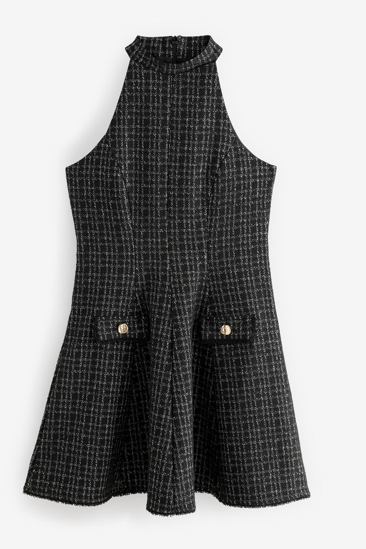 Black Check Bouclé Textured Halter Neck Mini Dress - Image 1 of 1