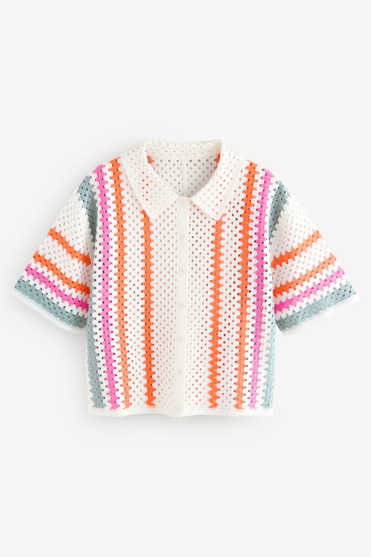 White Stripe Relaxed Short Sleeve Collared Crochet Shirt - Image 1 of 1