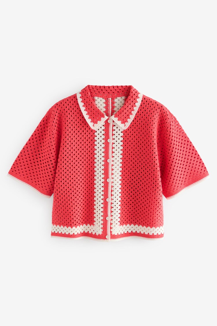 Red Relaxed Short Sleeve Collared Crochet Shirt - Image 1 of 1