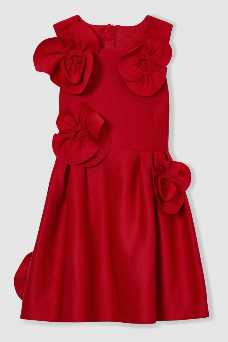 Reiss Red Polliana 9-13 yrs Scuba 3D-Flowers Flared Dress - Image 1 of 1