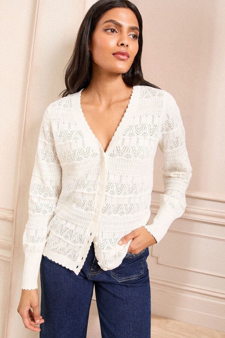 Love & Roses Ivory Pointelle V-Neck 100% Cotton Cardigan - Image 1 of 1