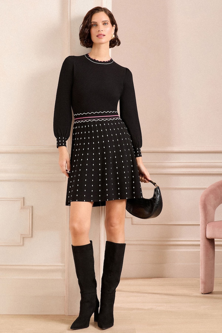 Love & Roses Black Petite Petite Fine Gauge Scallop Detail Spot Knitted Mini Dress - Image 1 of 1