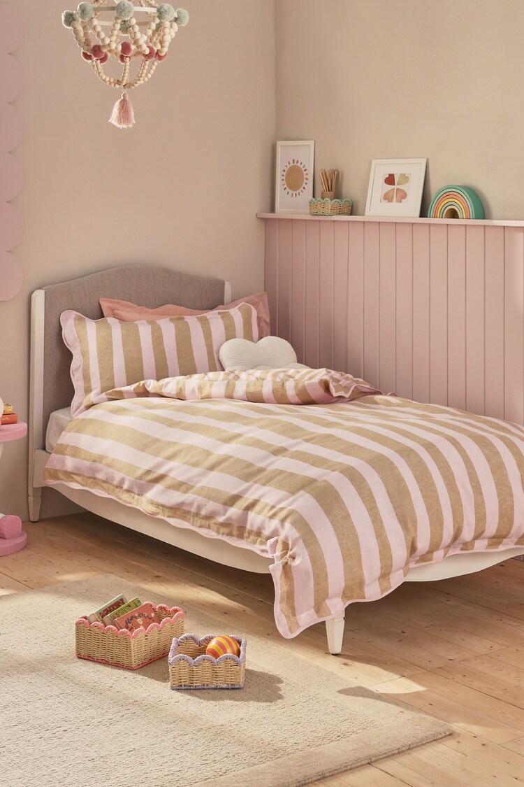 Pink/Neutral Stripe 100% Cotton Textured Printed Duvet Cover and Pillowcase Set - Image 1 of 1