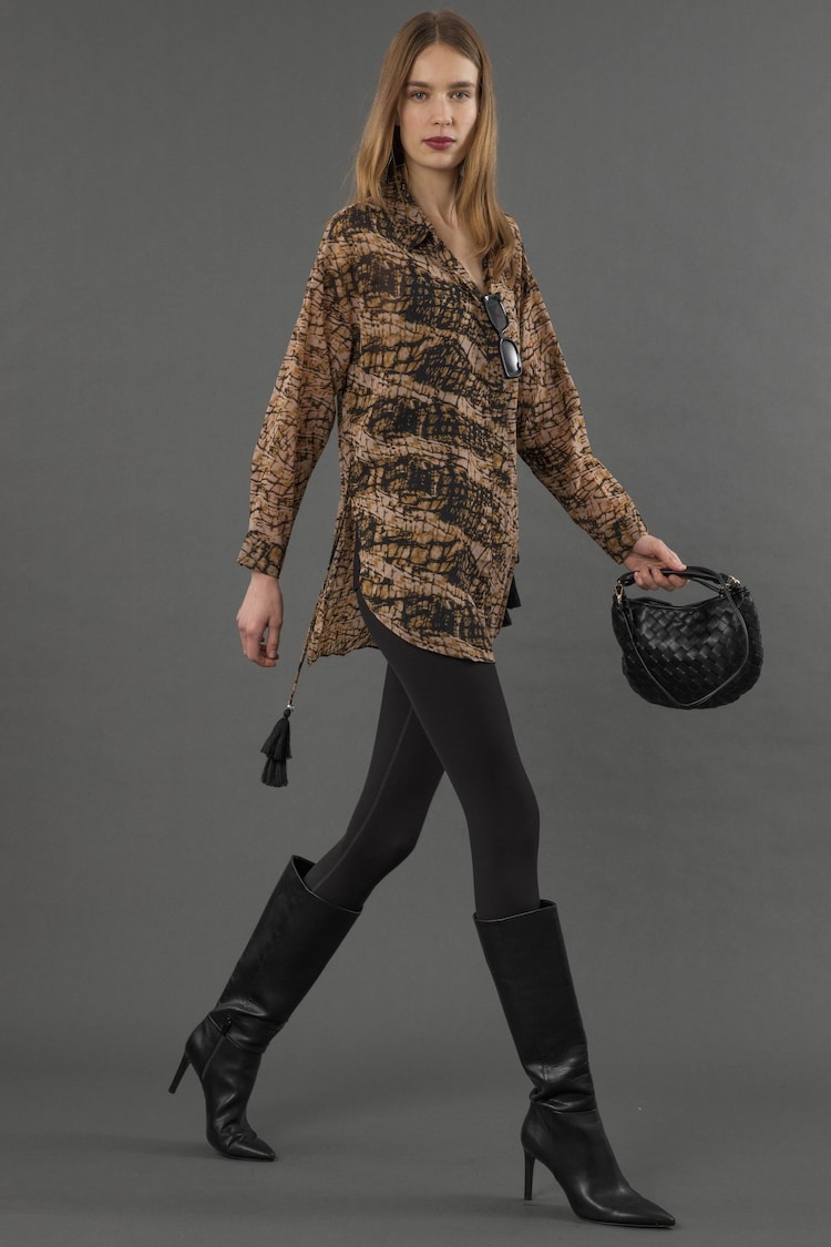 Religion Natural Oversized Long Line Flash Shirt with Tassle details in Leopard Animal print - Image 1 of 1