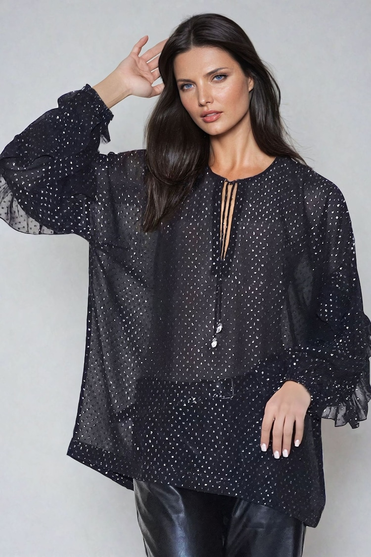 Religion Black Oversized Pyrite Sheer Tunic Blouse in Gunmetal Metallic Spot - Image 1 of 1