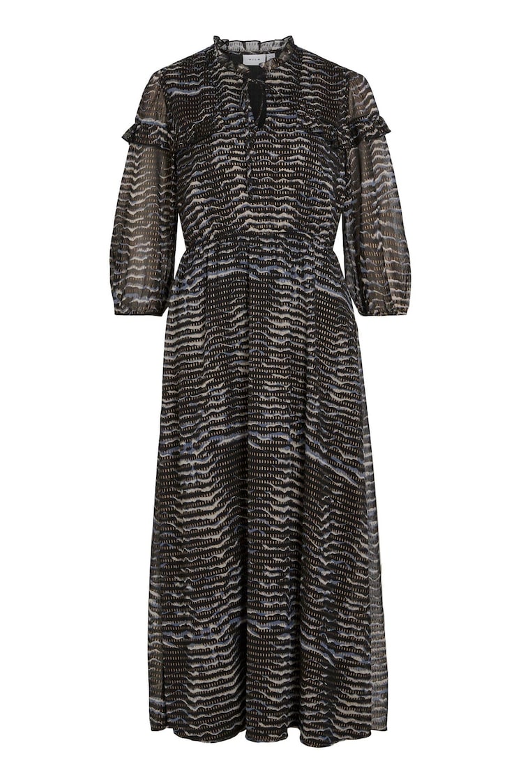 VILA Blue 3/4 Sleeve Gold Flex Chiffon Midaxi Dress - Image 1 of 1