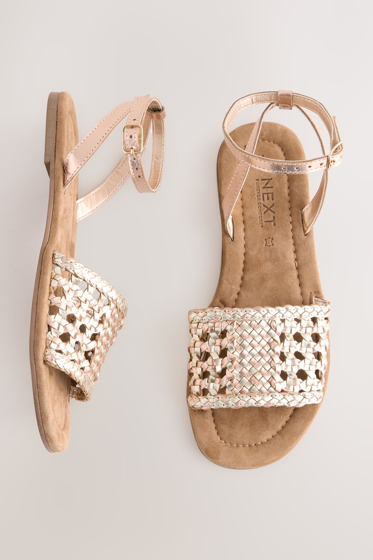 Rose Gold Pink Leather Standard/Wide Fit Forever Comfort® Woven Flat Sandals - Image 1 of 1