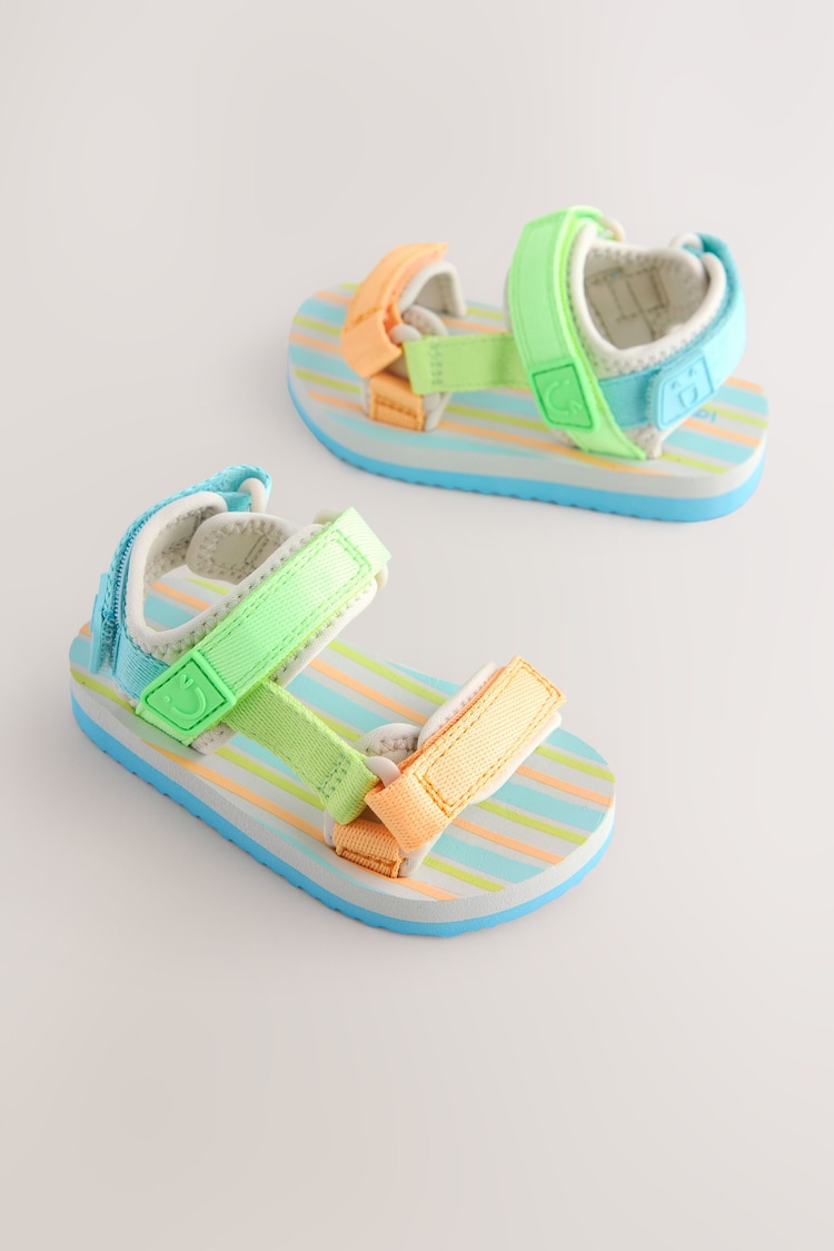 Blue/Green Bright Stripe Wide Fit (G) Touch Fastening Adjustable Strap Tape Trekker Sandals - Image 1 of 1