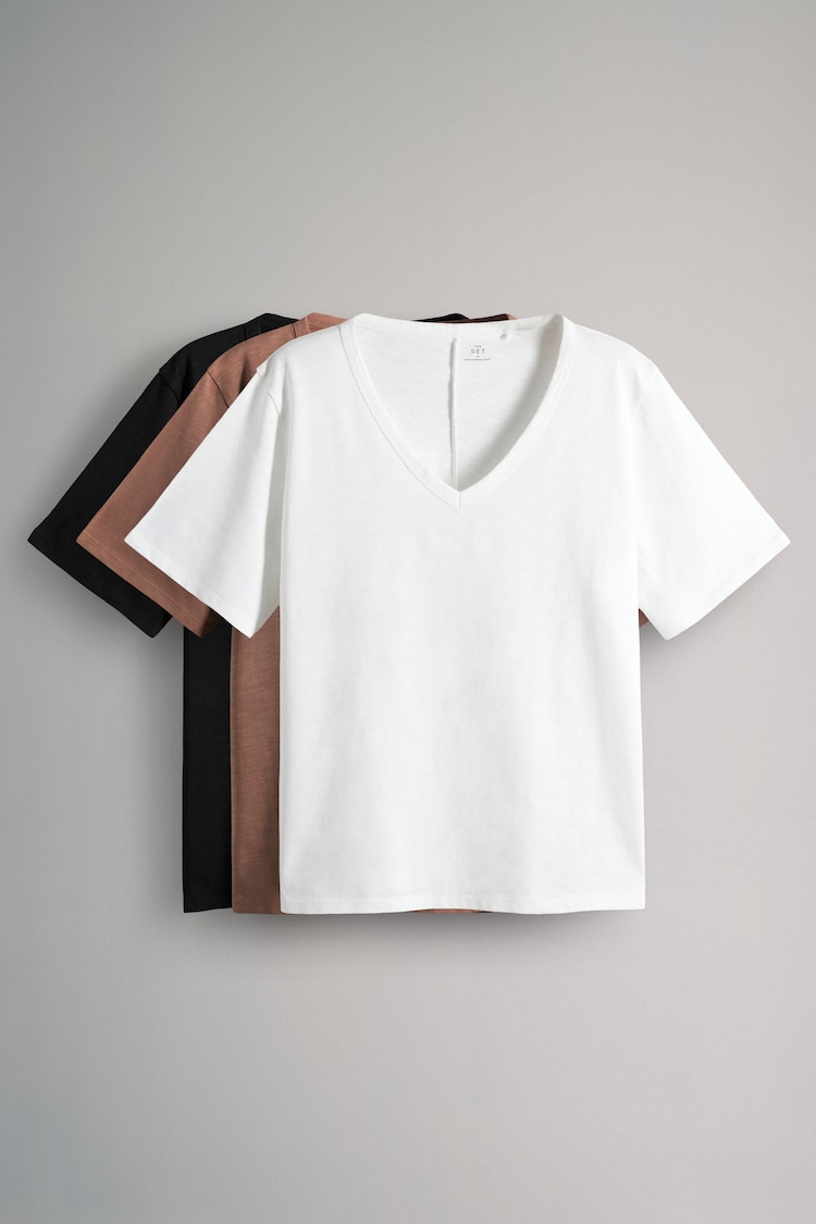 The Set Black/Clay/Cream Slub 100% Cotton V-Neck T-Shirts 3 Pack - Image 1 of 1
