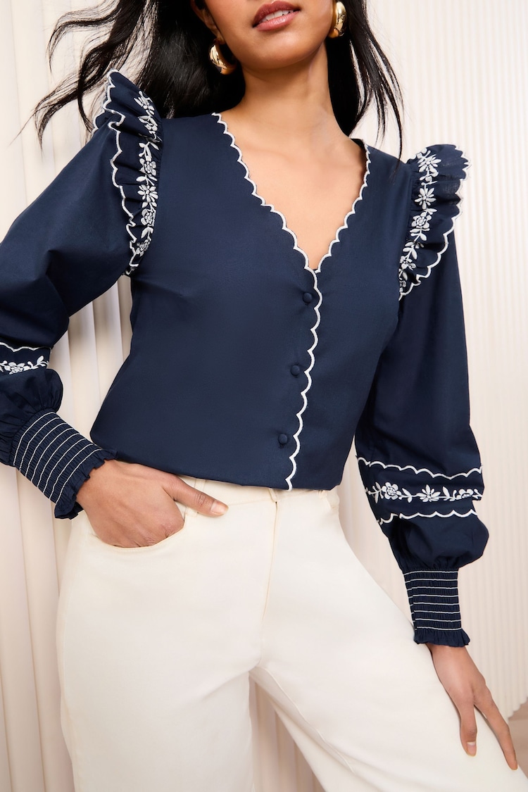 Friends Like These Navy Long Sleeve Embroidered Scallop Trim Blouse - Image 1 of 1