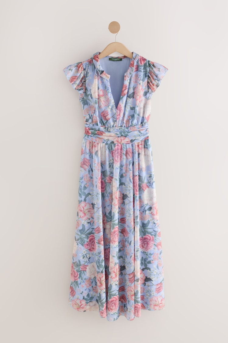 Blue Floral Pleated Mesh Print V-Neck Occasion Midi Dress - Image 1 of 1