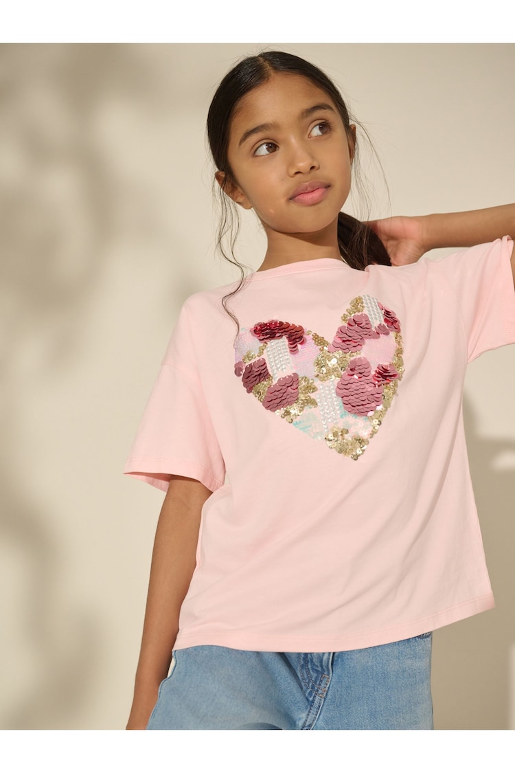 Pink Sequin Heart Print T-Shirt (3-16yrs) - Image 1 of 1