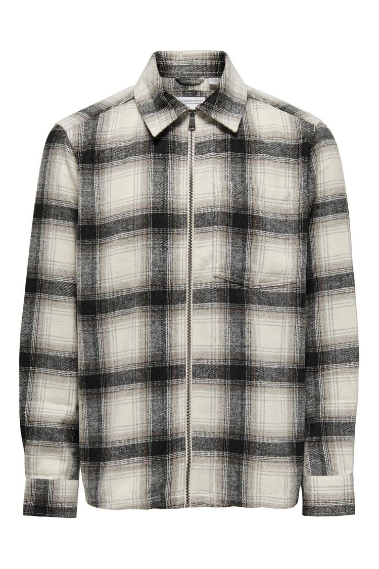 Only & Sons White Check Wool Zip Up Overshirt - Image 1 of 1
