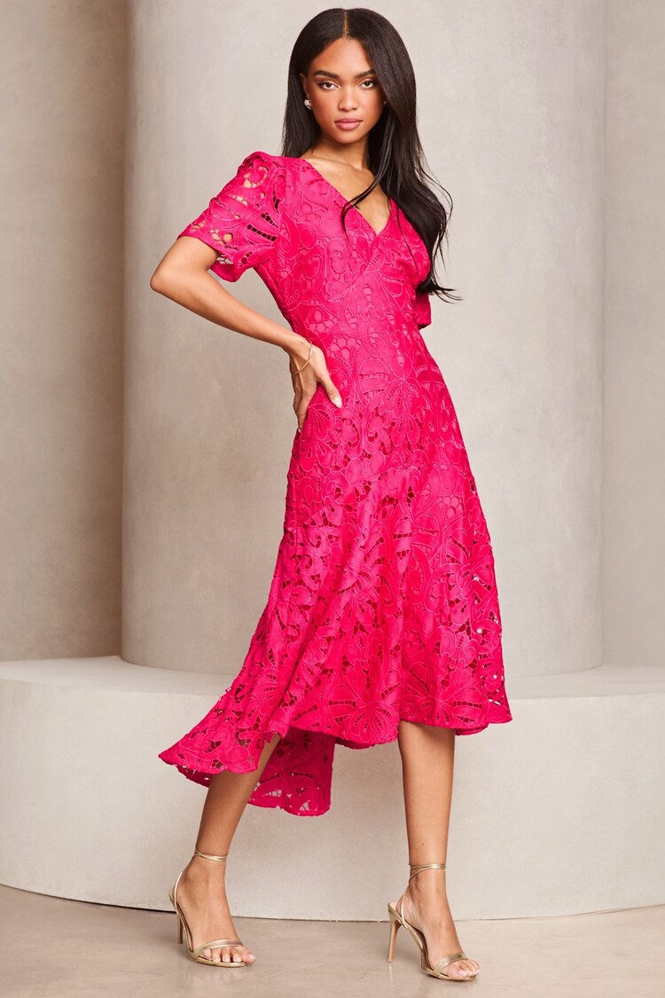Lipsy Pink Premium Broderie Lace Short Sleeve V-Neck High Low Midi Dress - Image 1 of 1